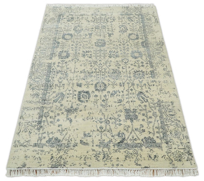 4x6 Fine Hand Knotted Beige and Gray Traditional Vintage Persian Style Antique Wool and Silk Rug | AGR14 - Nuvé