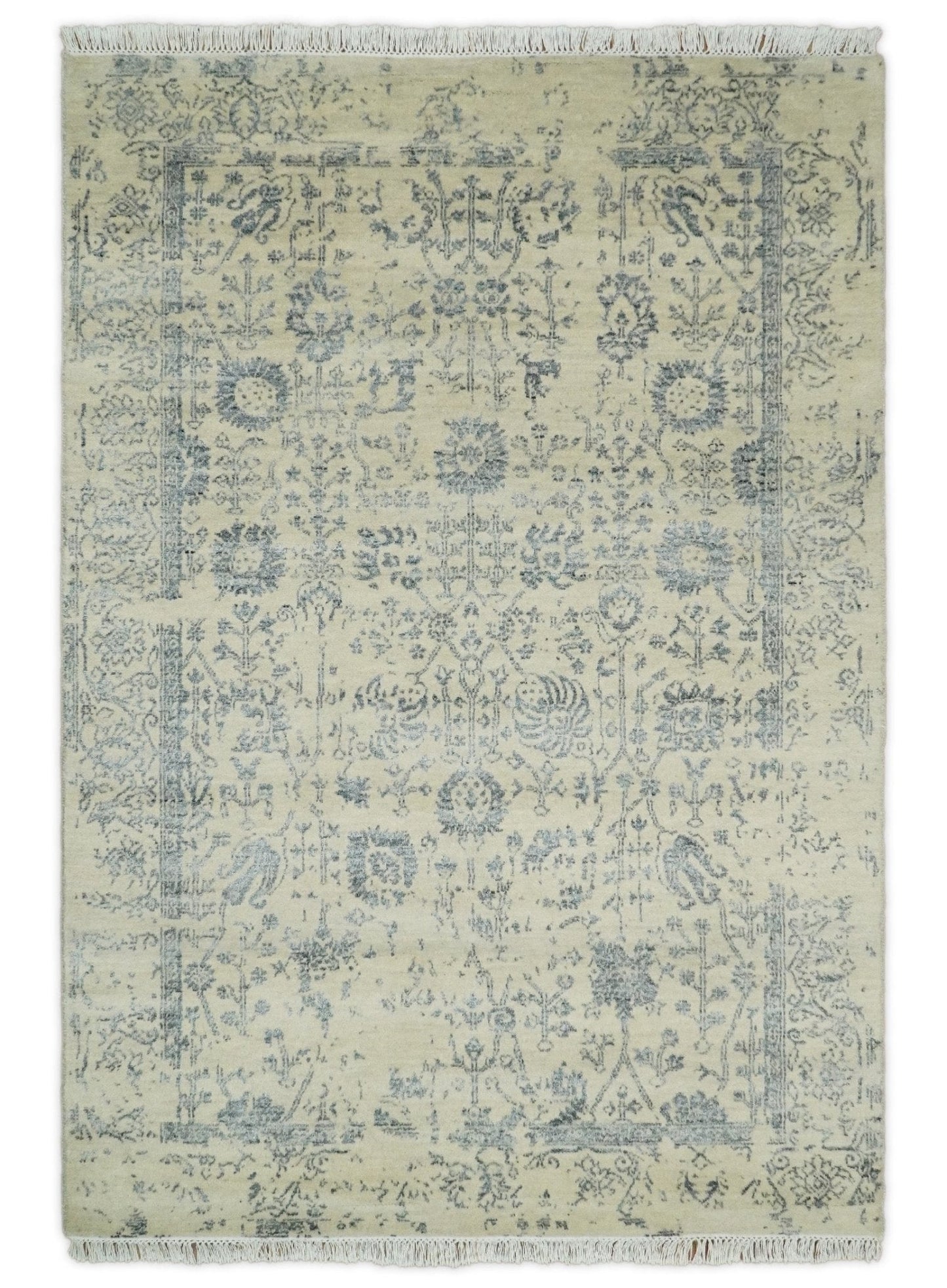 4x6 Fine Hand Knotted Beige and Gray Traditional Vintage Persian Style Antique Wool and Silk Rug | AGR14 - Nuvé