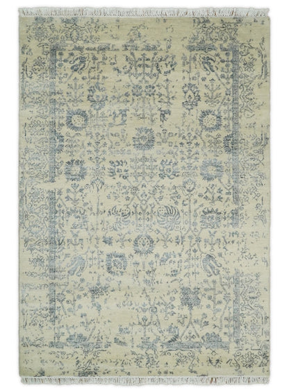 4x6 Fine Hand Knotted Beige and Gray Traditional Vintage Persian Style Antique Wool and Silk Rug | AGR14 - Nuvé