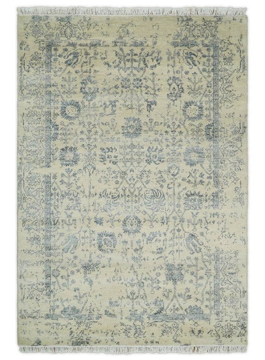 4x6 Fine Hand Knotted Beige and Gray Traditional Vintage Persian Style Antique Wool and Silk Rug | AGR14 - Nuvé