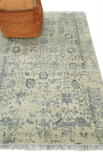 4x6 Fine Hand Knotted Beige and Gray Traditional Vintage Persian Style Antique Wool and Silk Rug | AGR14 - Nuvé