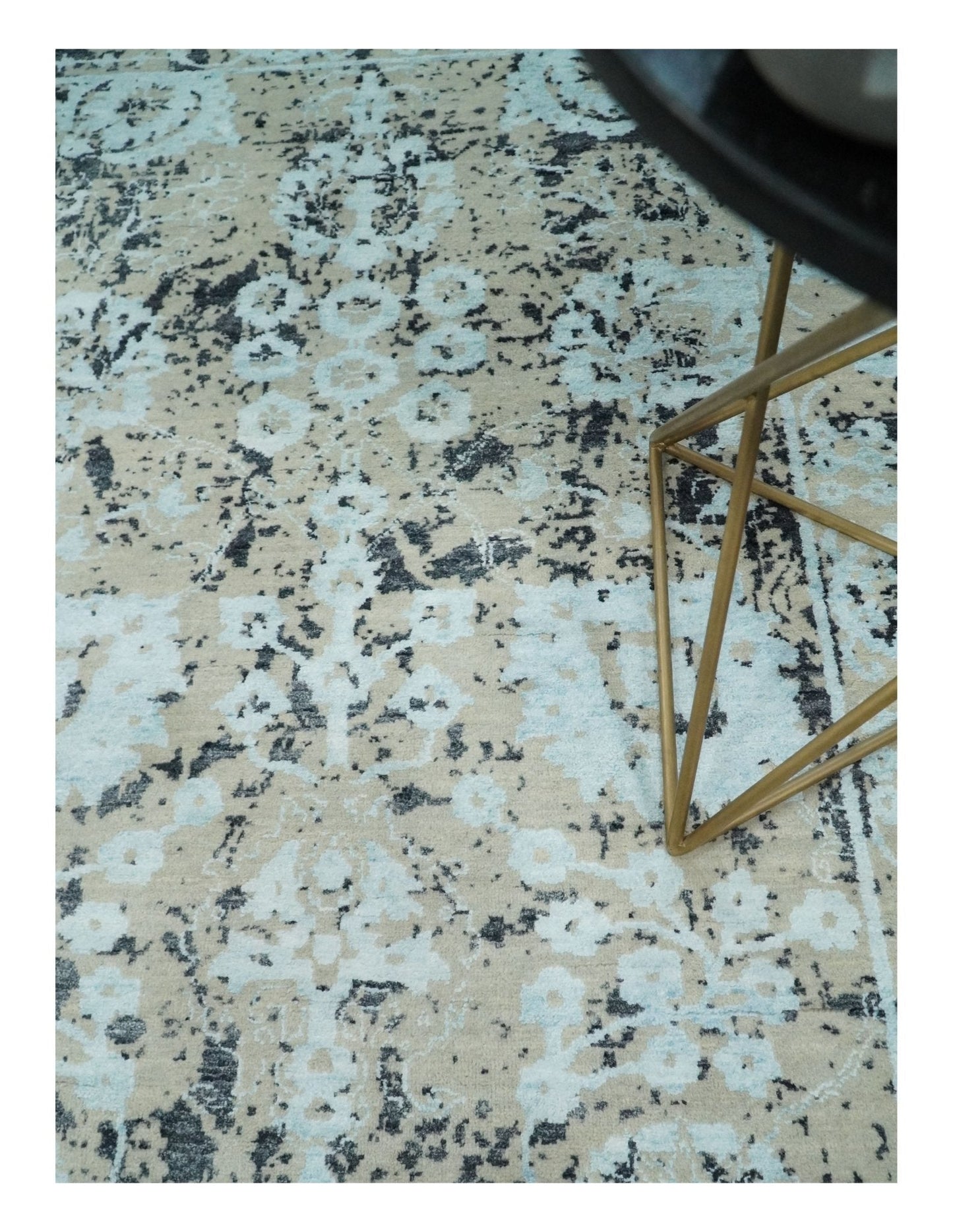 4x6 Fine Hand Knotted Aqua, Beige and Black Traditional Vintage Persian Style Antique Wool and Bamboo Silk Rug | AGR10 - Nuvé