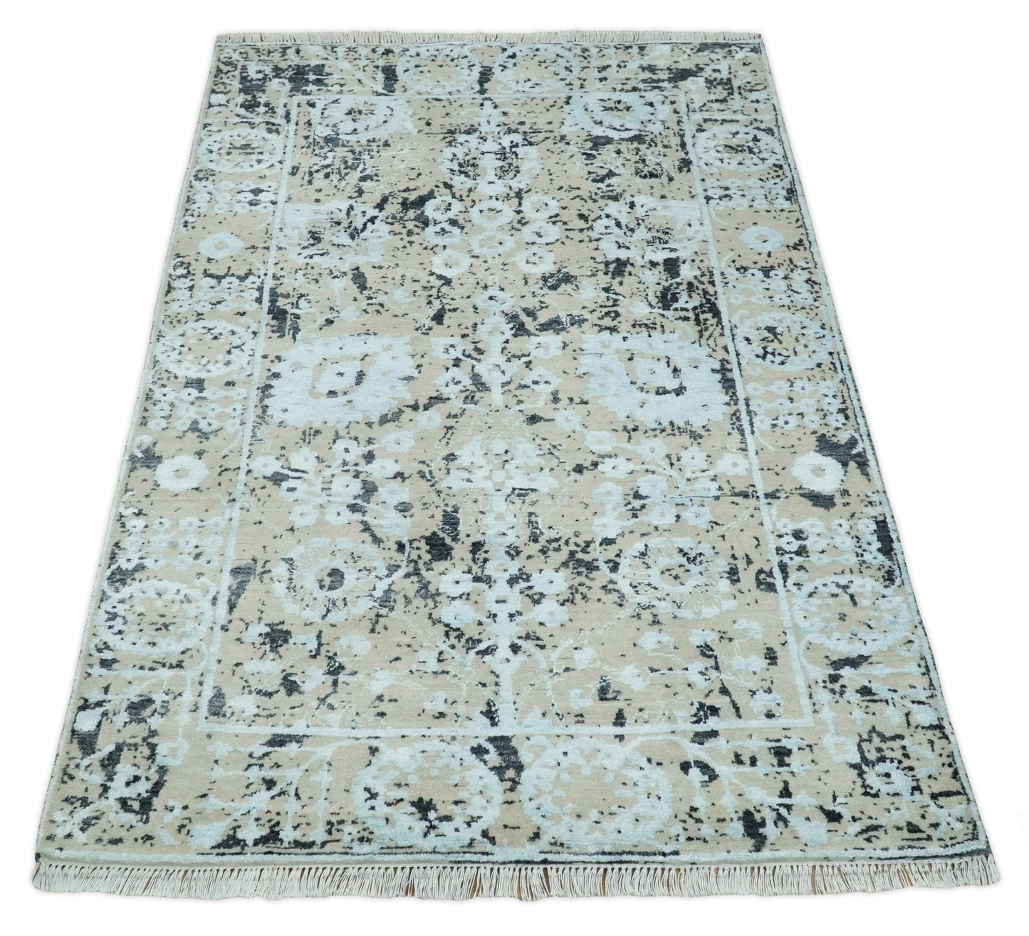 4x6 Fine Hand Knotted Aqua, Beige and Black Traditional Vintage Persian Style Antique Wool and Bamboo Silk Rug | AGR10 - Nuvé