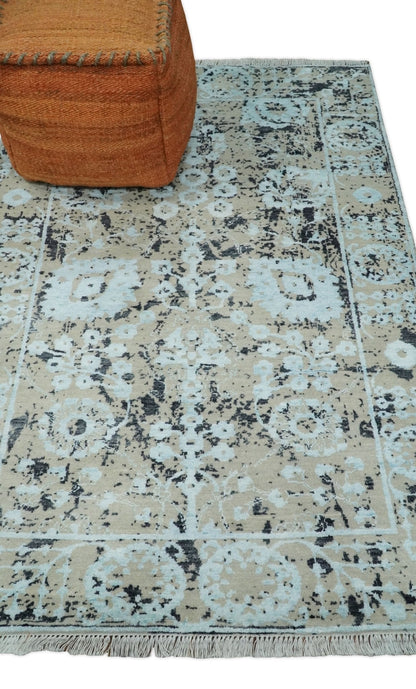 4x6 Fine Hand Knotted Aqua, Beige and Black Traditional Vintage Persian Style Antique Wool and Bamboo Silk Rug | AGR10 - Nuvé