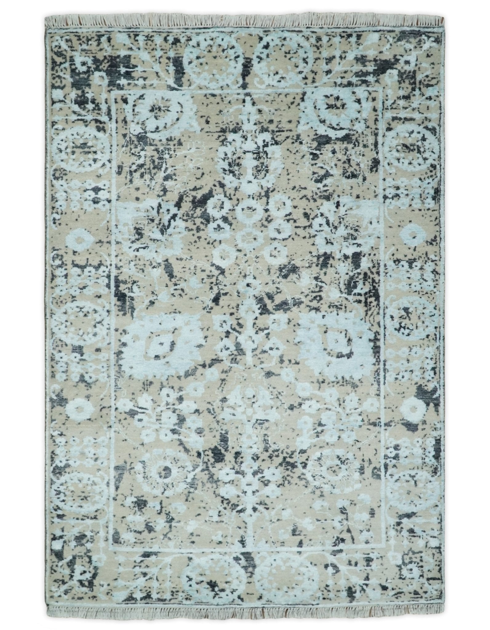 4x6 Fine Hand Knotted Aqua, Beige and Black Traditional Vintage Persian Style Antique Wool and Bamboo Silk Rug | AGR10 - Nuvé