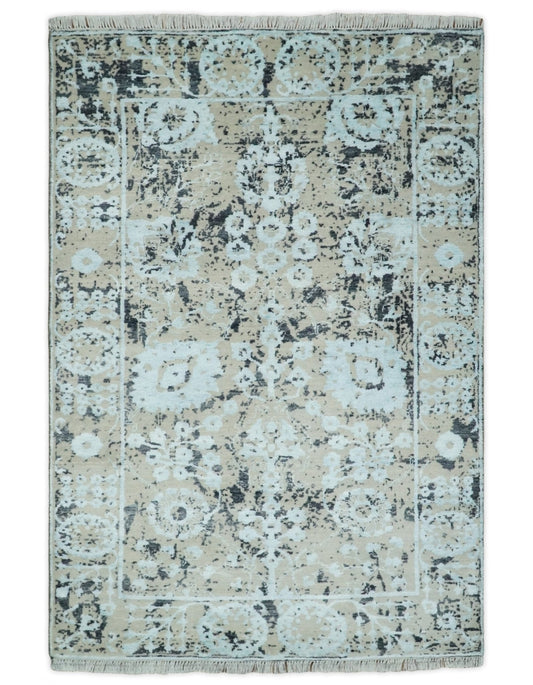 4x6 Fine Hand Knotted Aqua, Beige and Black Traditional Vintage Persian Style Antique Wool and Bamboo Silk Rug | AGR10 - Nuvé