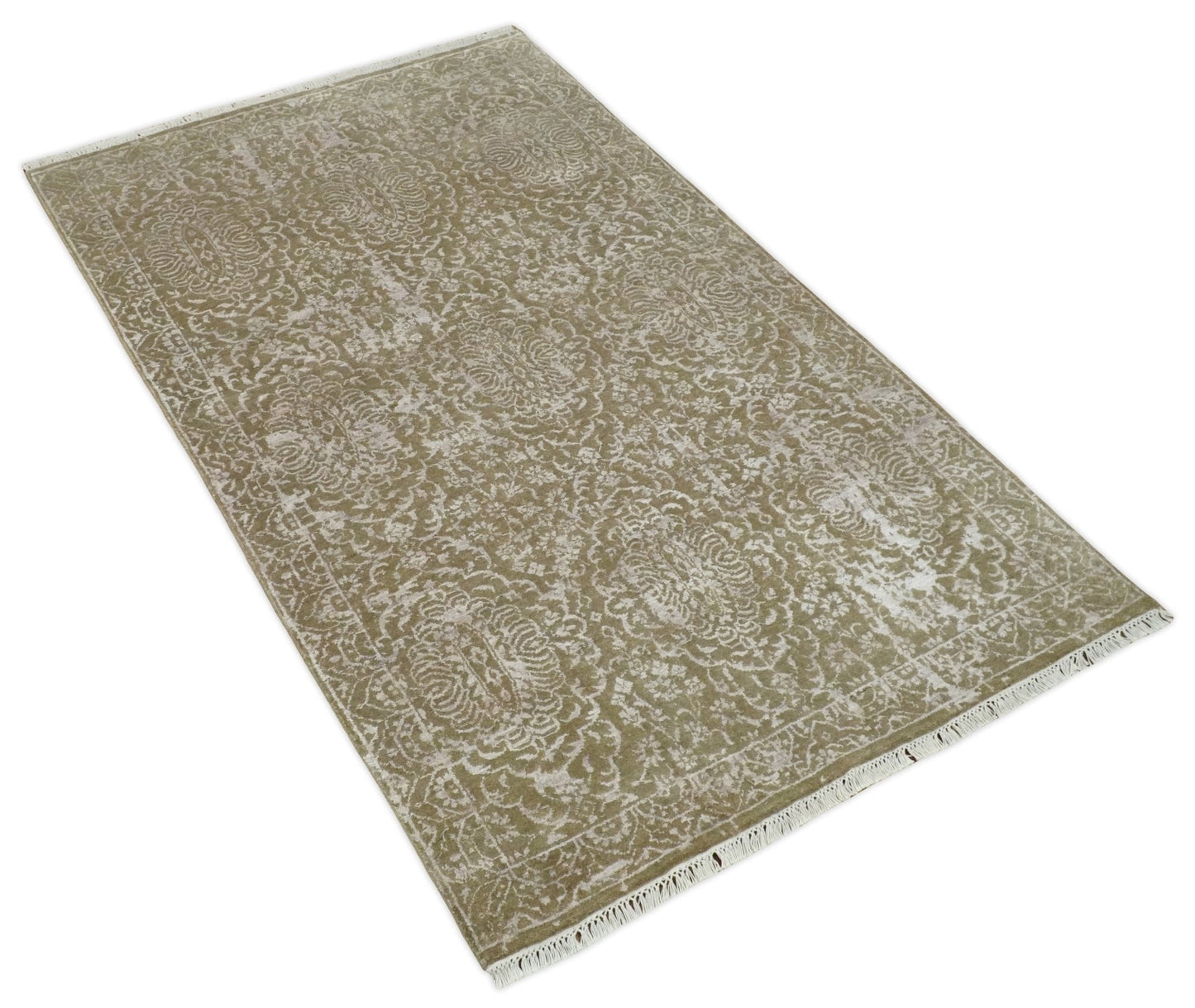4x6 Fine Hand Knotted Olive and Silver Traditional Vintage Persian Style Antique Wool and SIlk Rug | AGR16 - Nuvé
