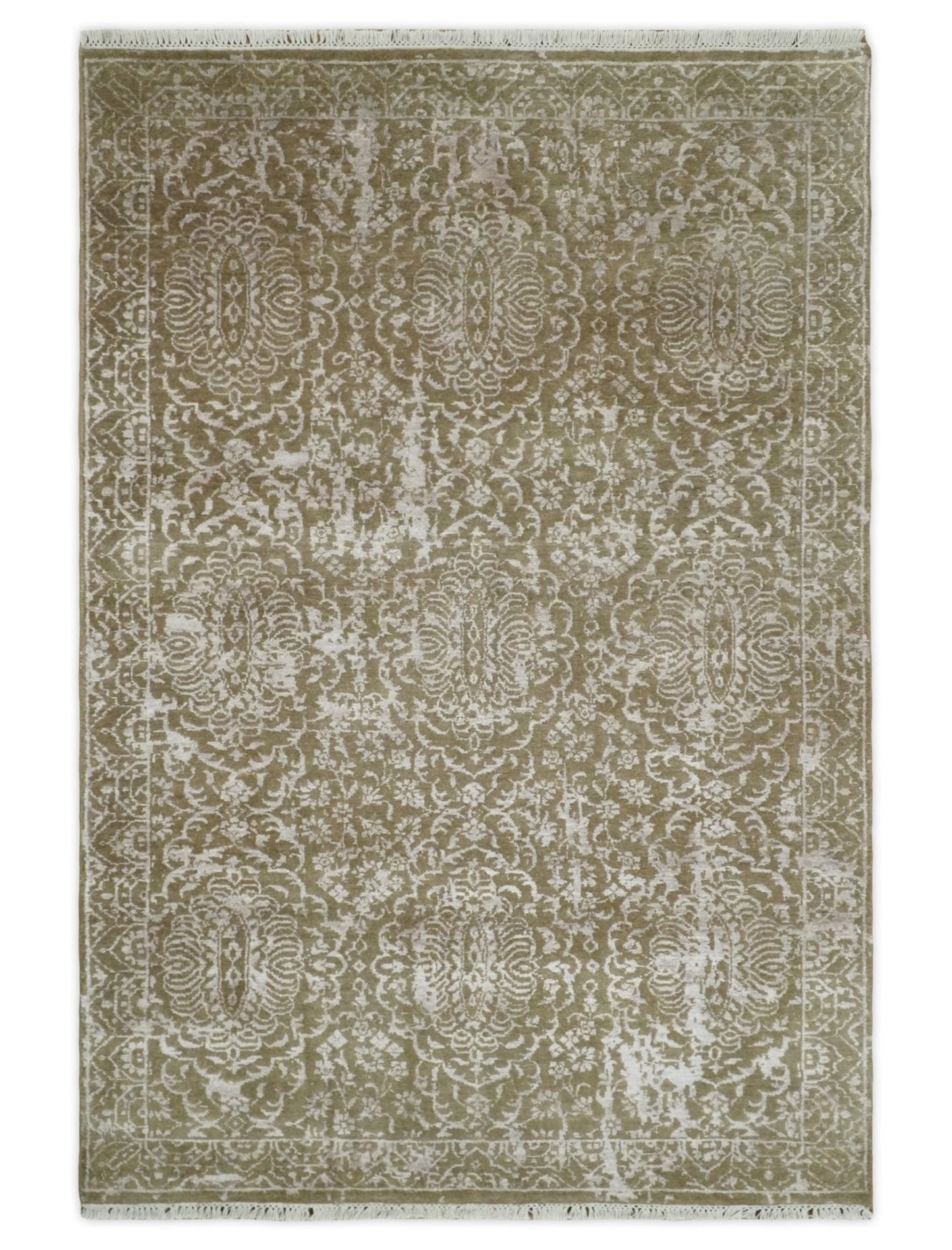 4x6 Fine Hand Knotted Olive and Silver Traditional Vintage Persian Style Antique Wool and SIlk Rug | AGR16 - Nuvé