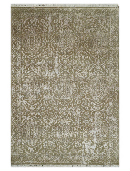 4x6 Fine Hand Knotted Olive and Silver Traditional Vintage Persian Style Antique Wool and SIlk Rug | AGR16 - Nuvé