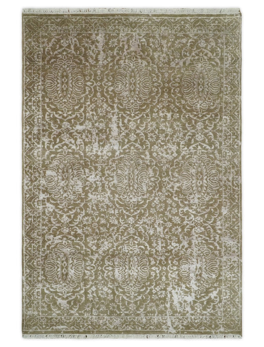 4x6 Fine Hand Knotted Olive and Silver Traditional Vintage Persian Style Antique Wool and SIlk Rug | AGR16 - Nuvé