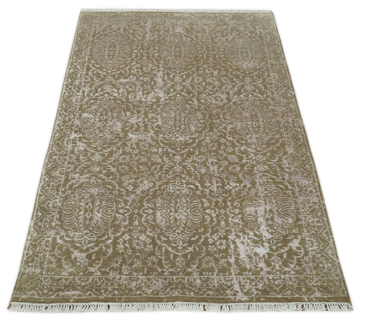 4x6 Fine Hand Knotted Olive and Silver Traditional Vintage Persian Style Antique Wool and SIlk Rug | AGR16 - Nuvé