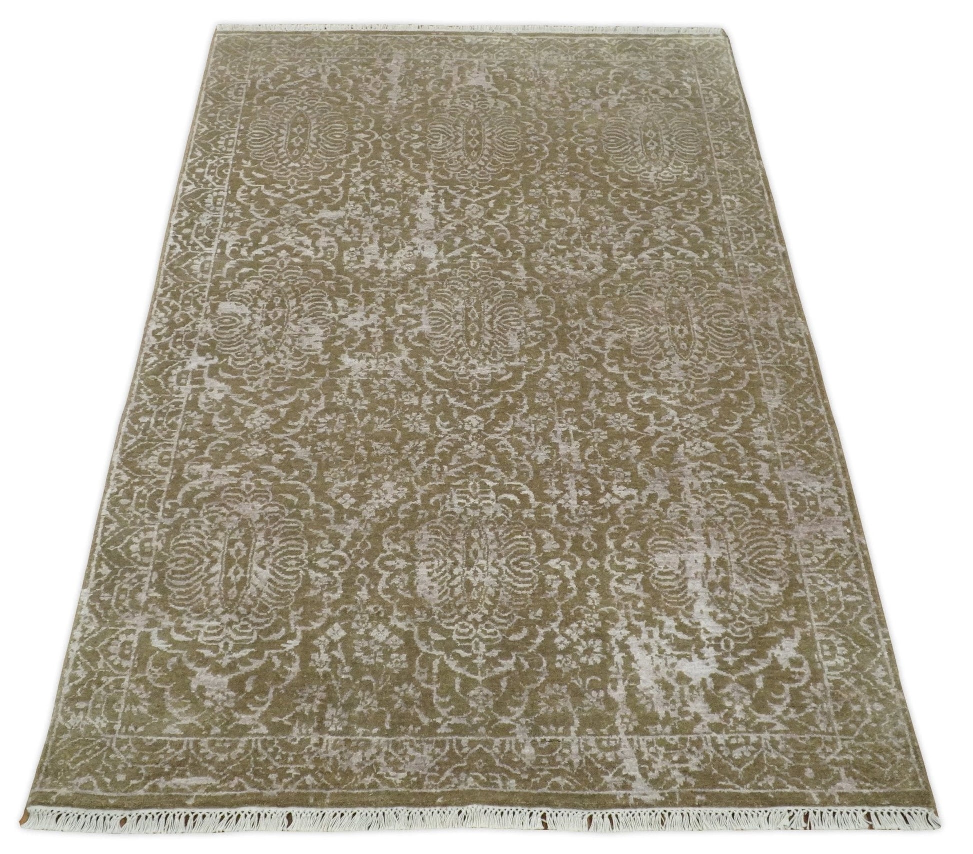 4x6 Fine Hand Knotted Olive and Silver Traditional Vintage Persian Style Antique Wool and SIlk Rug | AGR16 - Nuvé