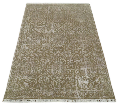 4x6 Fine Hand Knotted Olive and Silver Traditional Vintage Persian Style Antique Wool and SIlk Rug | AGR16 - Nuvé