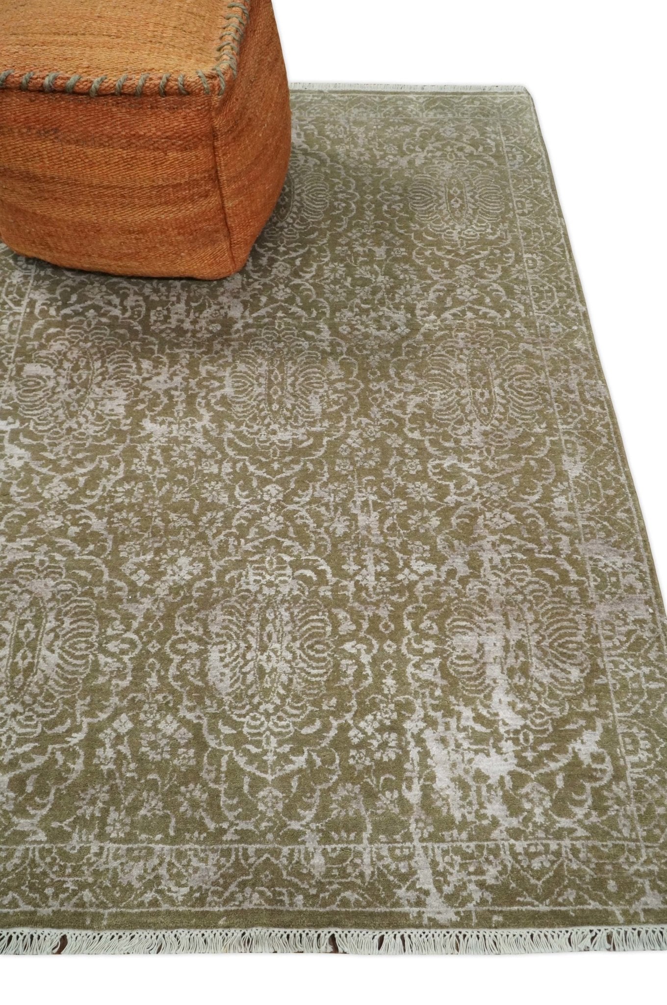 4x6 Fine Hand Knotted Olive and Silver Traditional Vintage Persian Style Antique Wool and SIlk Rug | AGR16 - Nuvé