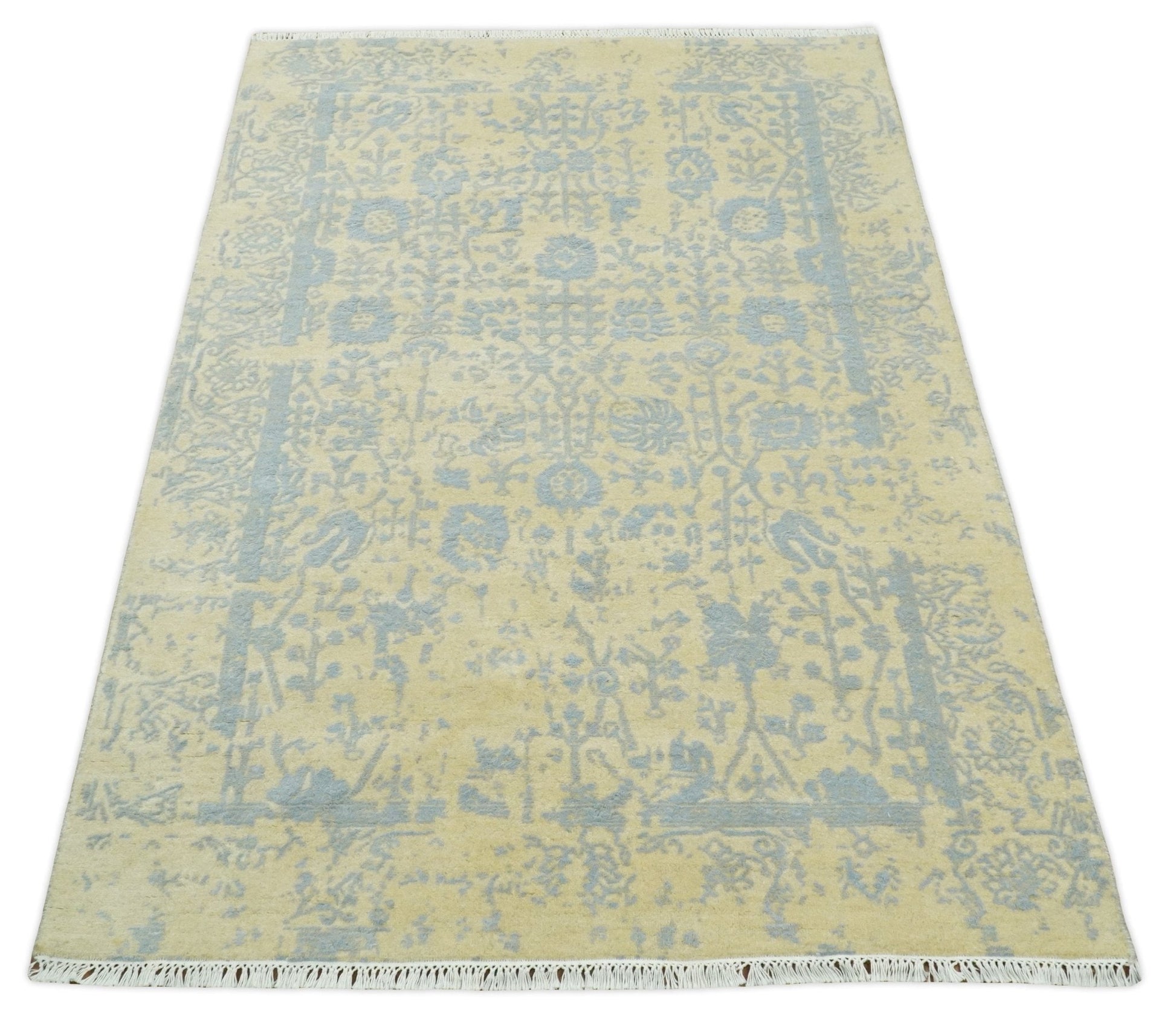 4x6 Fine Hand Knotted Gold and Silver Traditional Vintage Persian Style Antique Wool and Silk Rug | AGR11 - Nuvé