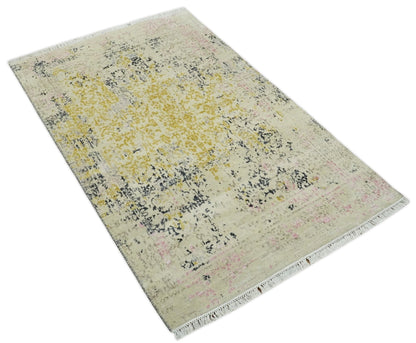 4x6 Fine Hand Knotted Gold, Gray and Ivory Modern Abstract Wool and SIlk Area Rug | AGR17 - Nuvé
