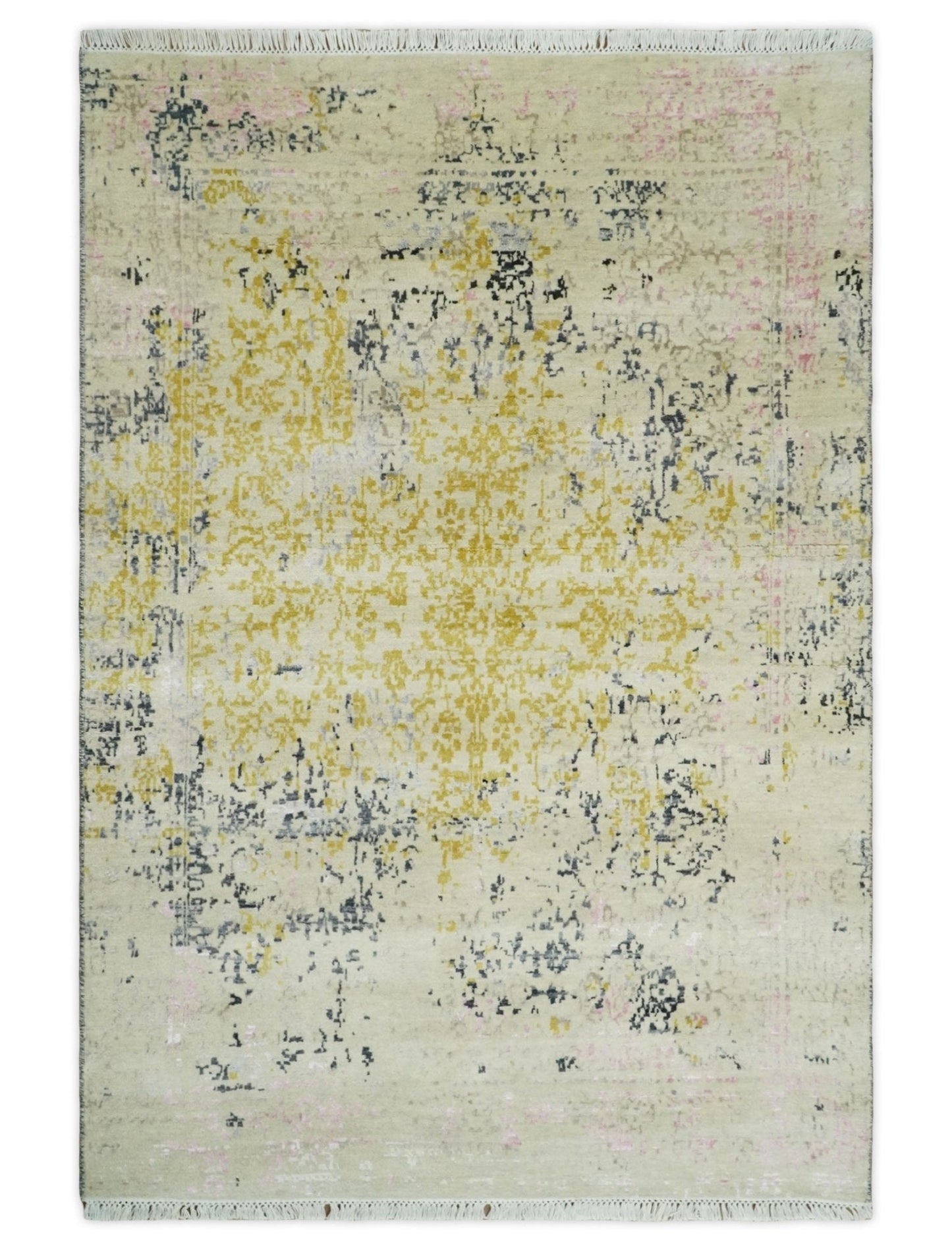 4x6 Fine Hand Knotted Gold, Gray and Ivory Modern Abstract Wool and SIlk Area Rug | AGR17 - Nuvé