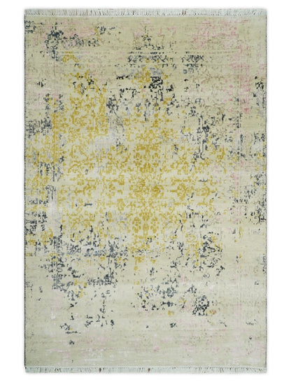 4x6 Fine Hand Knotted Gold, Gray and Ivory Modern Abstract Wool and SIlk Area Rug | AGR17 - Nuvé