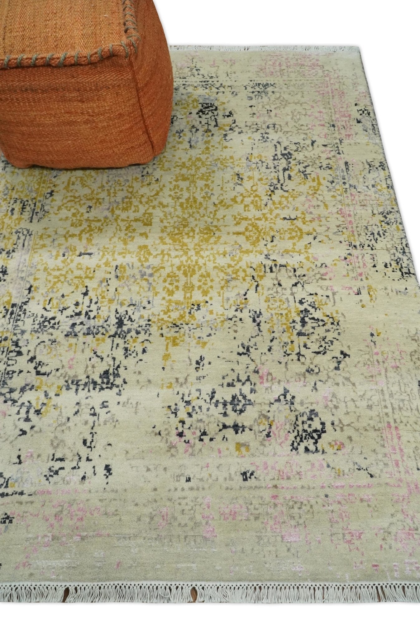 4x6 Fine Hand Knotted Gold, Gray and Ivory Modern Abstract Wool and SIlk Area Rug | AGR17 - Nuvé