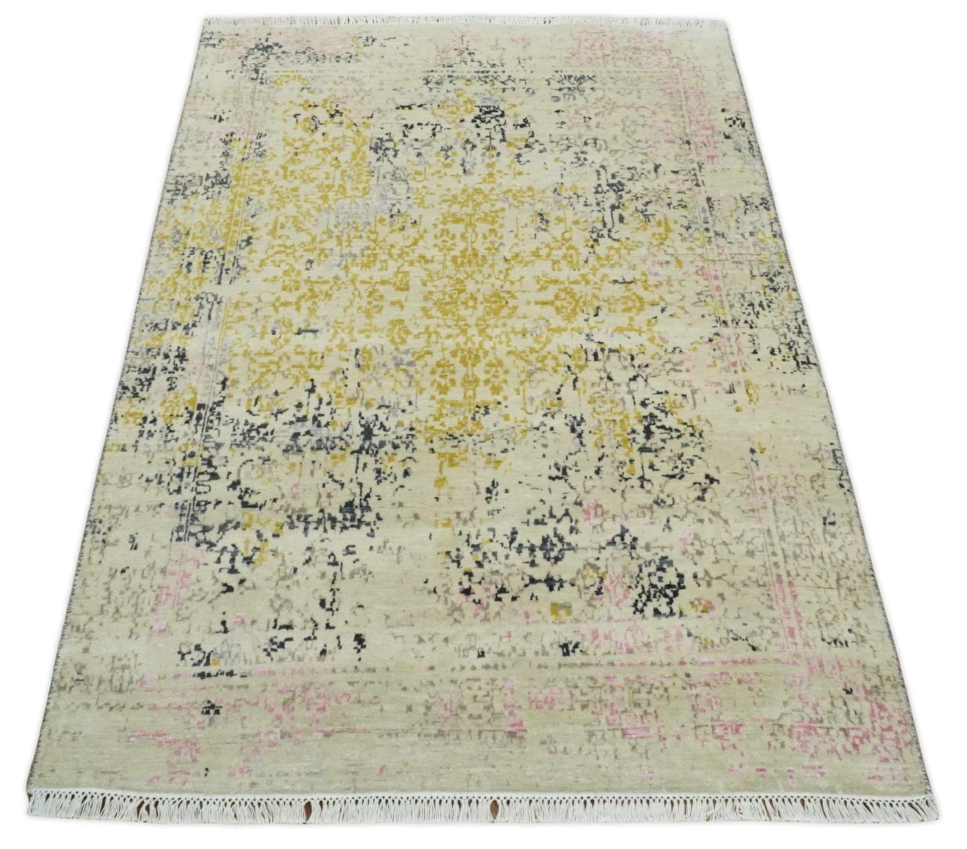 4x6 Fine Hand Knotted Gold, Gray and Ivory Modern Abstract Wool and SIlk Area Rug | AGR17 - Nuvé