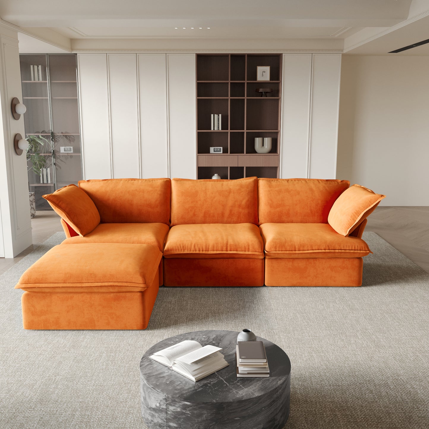 Sabi Modular Boucle Cloud Sofa - Orange - 3-Seater Sectional Sofa with Ottoman - Nuvé