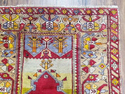 Antique Turkish Prayer Rug 3.8 x 5ft, Colorful Prayer Rug, Red Blue Gold Multicolor Turkish Anatolian Carpet, Handmade Hand-Knotted, Wool