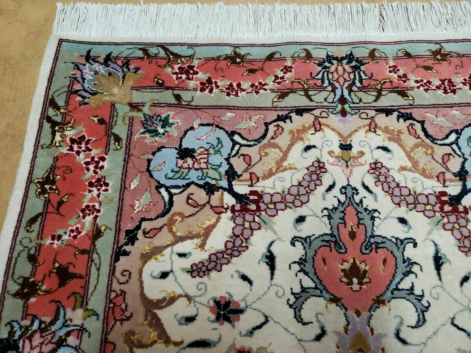 Small Vintage Persian Tabriz Wool and Silk Rug 2.5 x 4 ft, Very Finely Hand Knotted, Medallion, Ivory Salmon Light Blue, Top Quality, Pair A - Nuvé