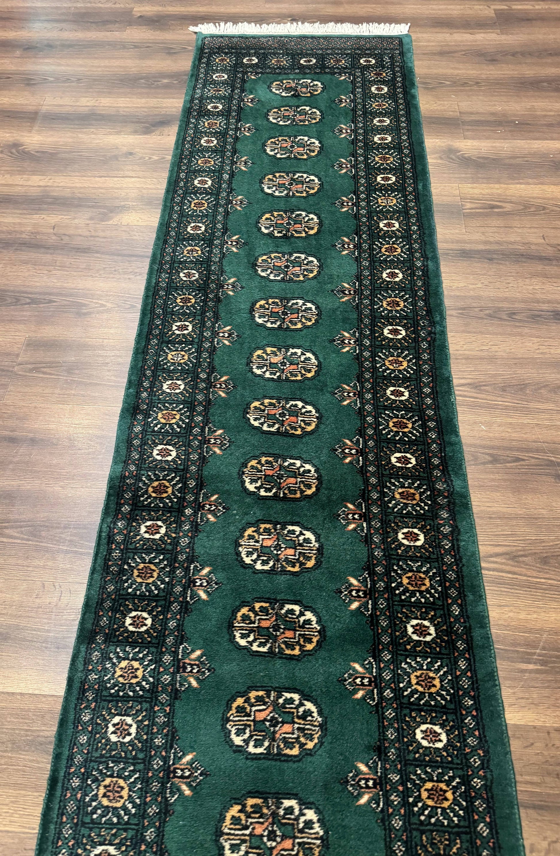 Pakistani Bokhara Runner Rug 2.5 x 11, Green Turkoman Wool Runner for Hallway - Nuvé