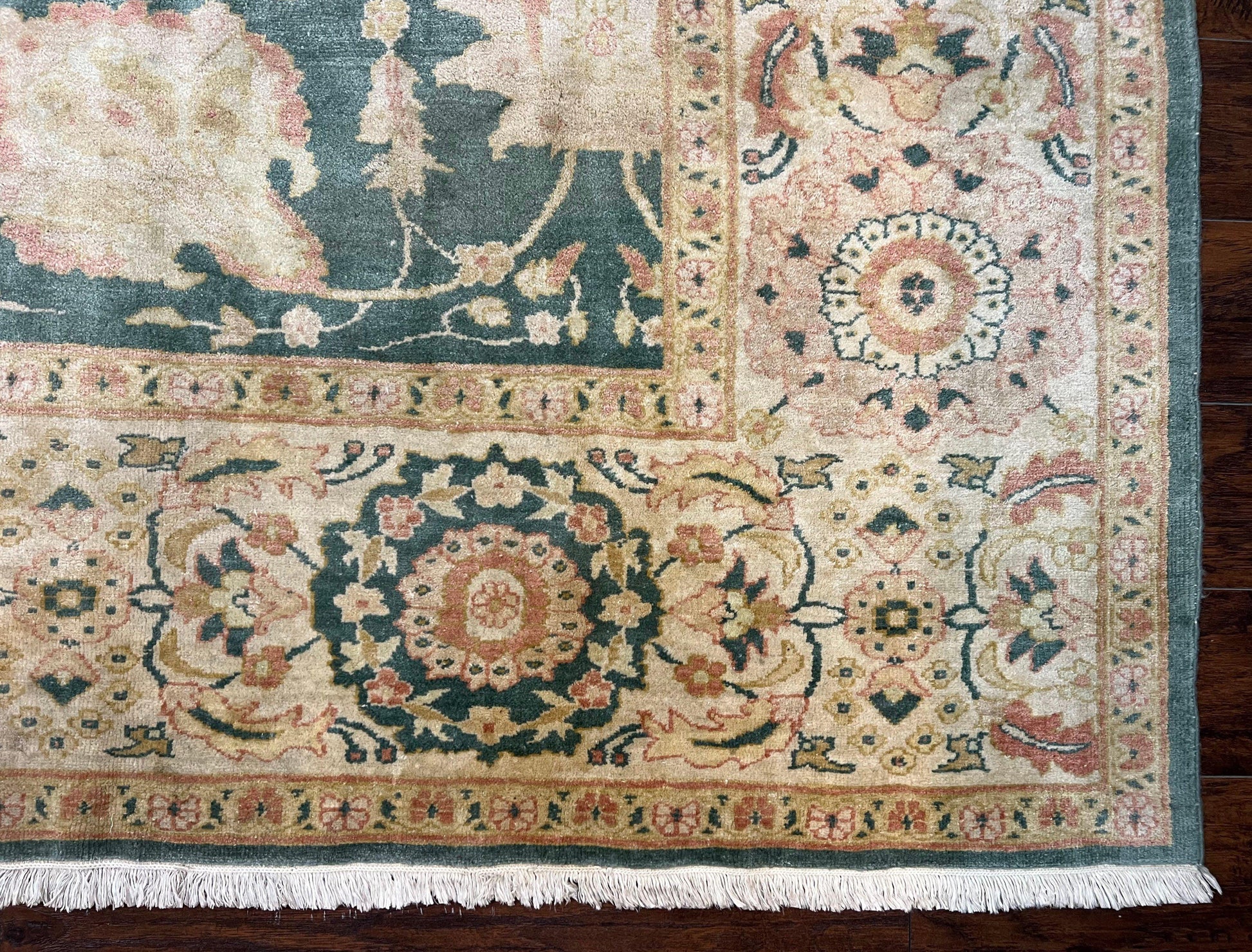 Egyptian Mahal Rug 10x14, Large Vintage Floral Hand Knotted Wool Carpet 10 x 14, Dark Green and Beige Traditional Handmade Persian Area Rug - Nuvé
