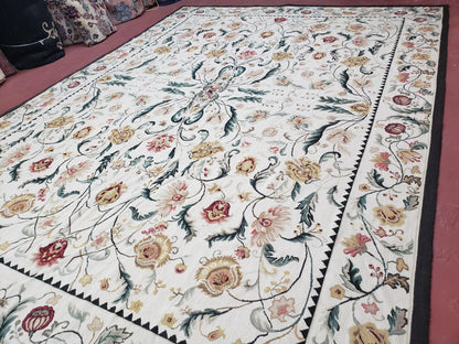New Needlepoint Rug 9x12, Hand Woven Wool Area Rug, Flatweave Carpet, Handmade Chinese Needlepoint, Floral European Design, Ivory Background - Nuvé