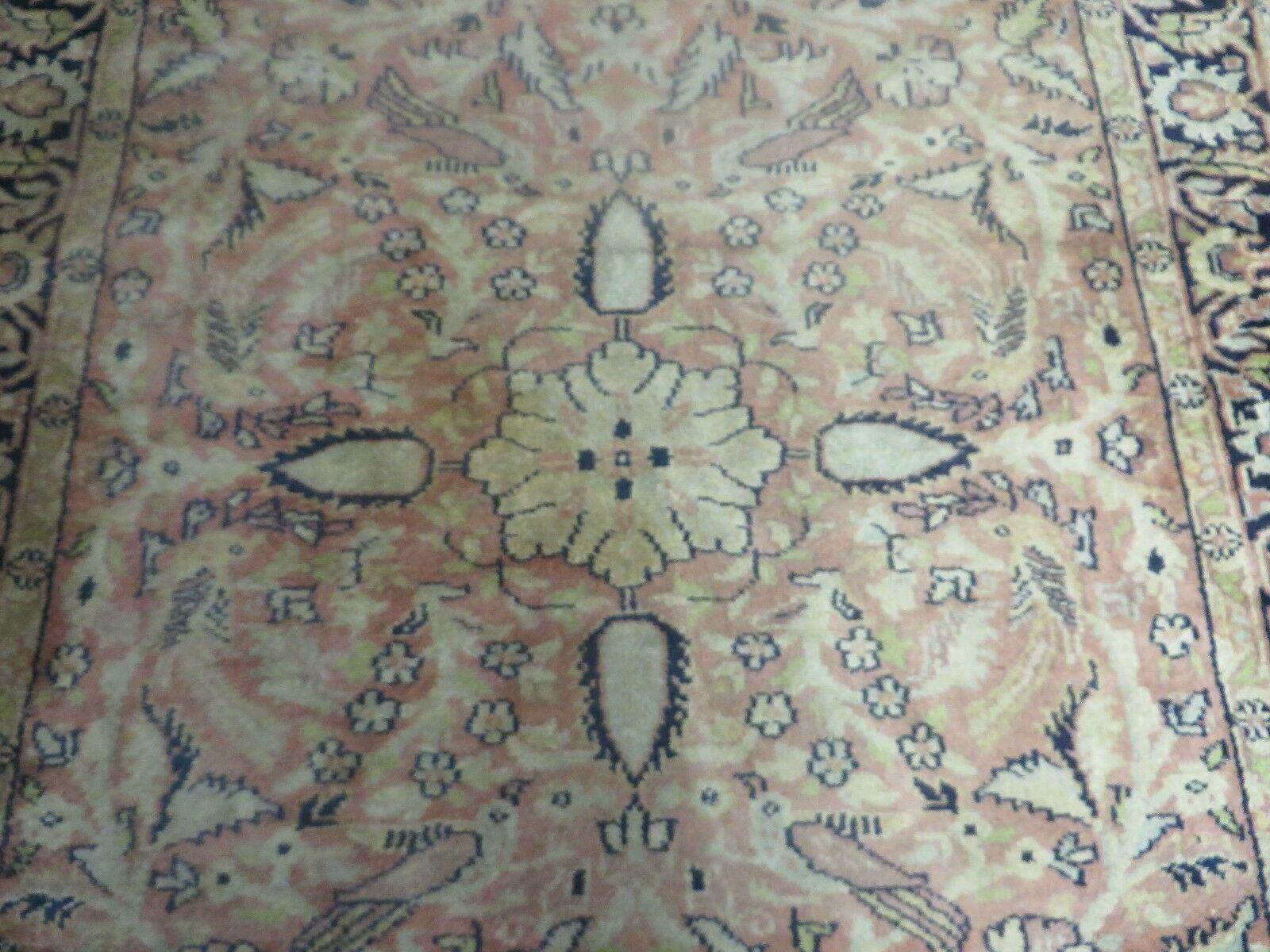 Indian Silk Rug 4x6, Indian Kashmiri Silk Carpet 4 x 6 ft, Vintage Hand Knotted Floral Bird Motifs, Light Pink and Navy Blue, Silk on Cotton - Nuvé