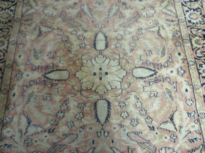 Indian Silk Rug 4x6, Indian Kashmiri Silk Carpet 4 x 6 ft, Vintage Hand Knotted Floral Bird Motifs, Light Pink and Navy Blue, Silk on Cotton