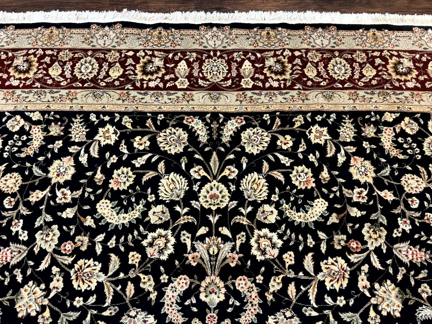 Sino Persian Rug 9x12, Fine Elegant Oriental Carpet 200 KPSI, Black and Dark Red, Allover Floral - Nuvé