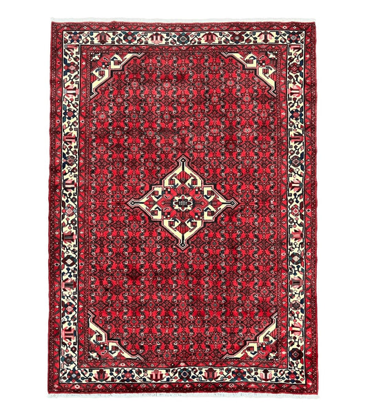 Persian Tribal Rug 7x10, Wool Handmade Semi Antique Vintage Hamadan Dargazine Carpet, Red & Ivory Allover Floral Medallion Rug, 7 x 10 Room Sized Oriental Rug