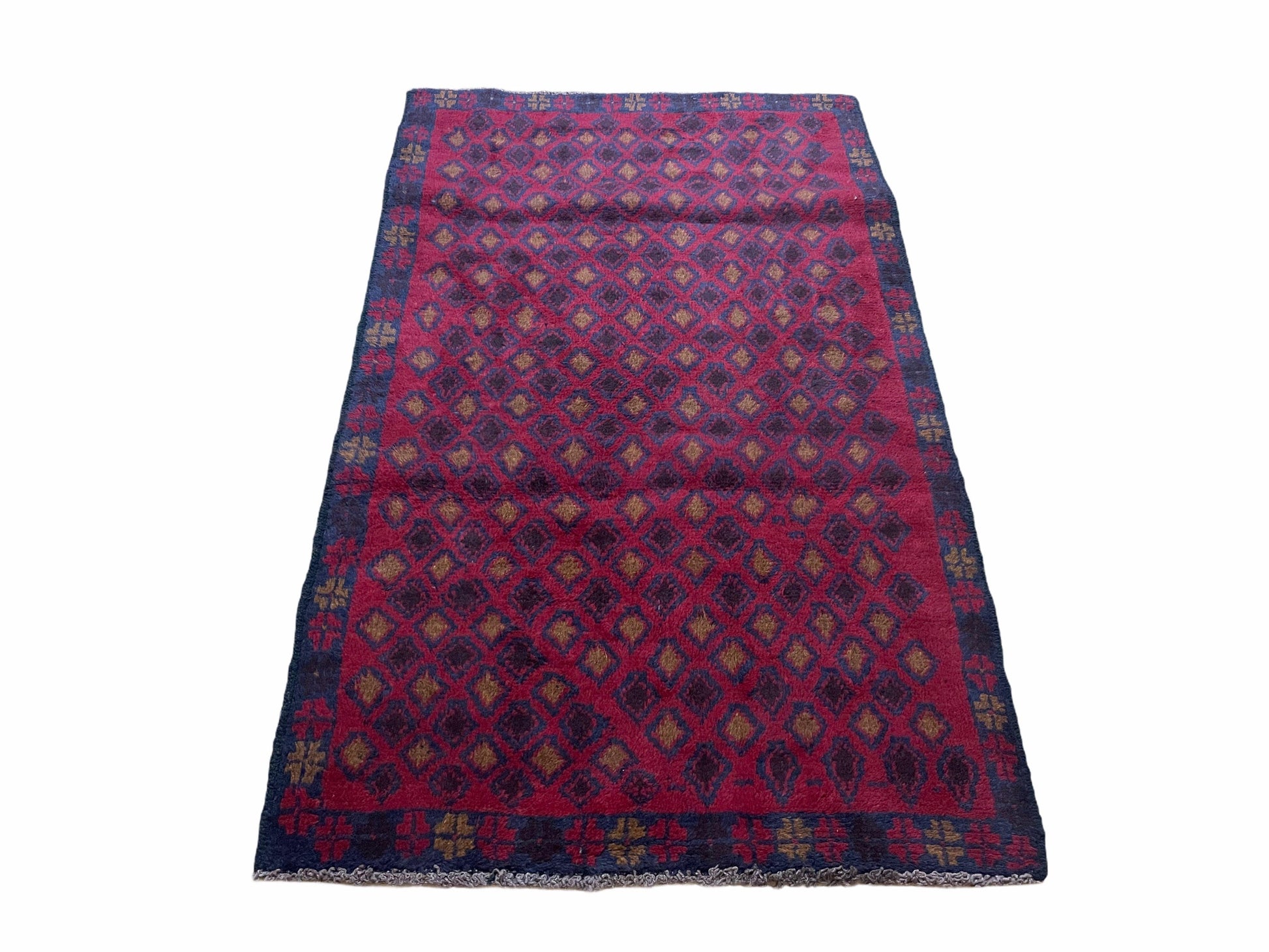 3x5 New Vintage Handmade Tribal Wool Rug Balouch Rug Afghan Rug Red Blue Diamond - Nuvé