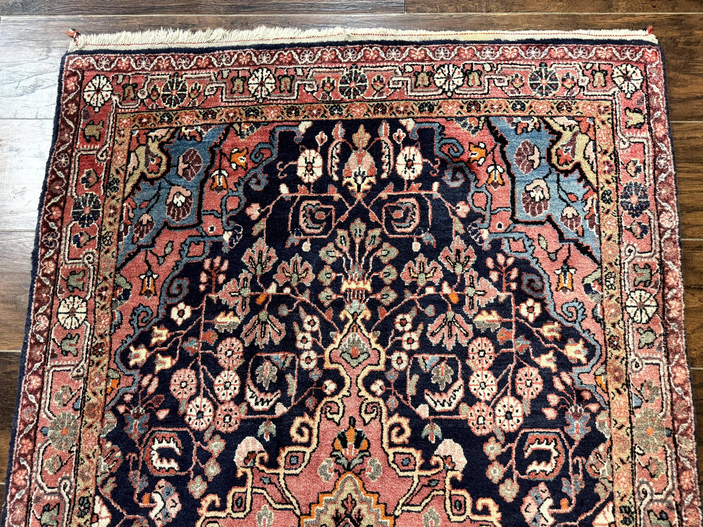 Persian Rug 3x5, Jozan Sarouk Rug, Navy Blue and Coral, Medallion Rug, Semi Antique - Nuvé