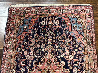 Persian Rug 3x5, Jozan Sarouk Rug, Navy Blue and Coral, Medallion Rug, Semi Antique - Nuvé