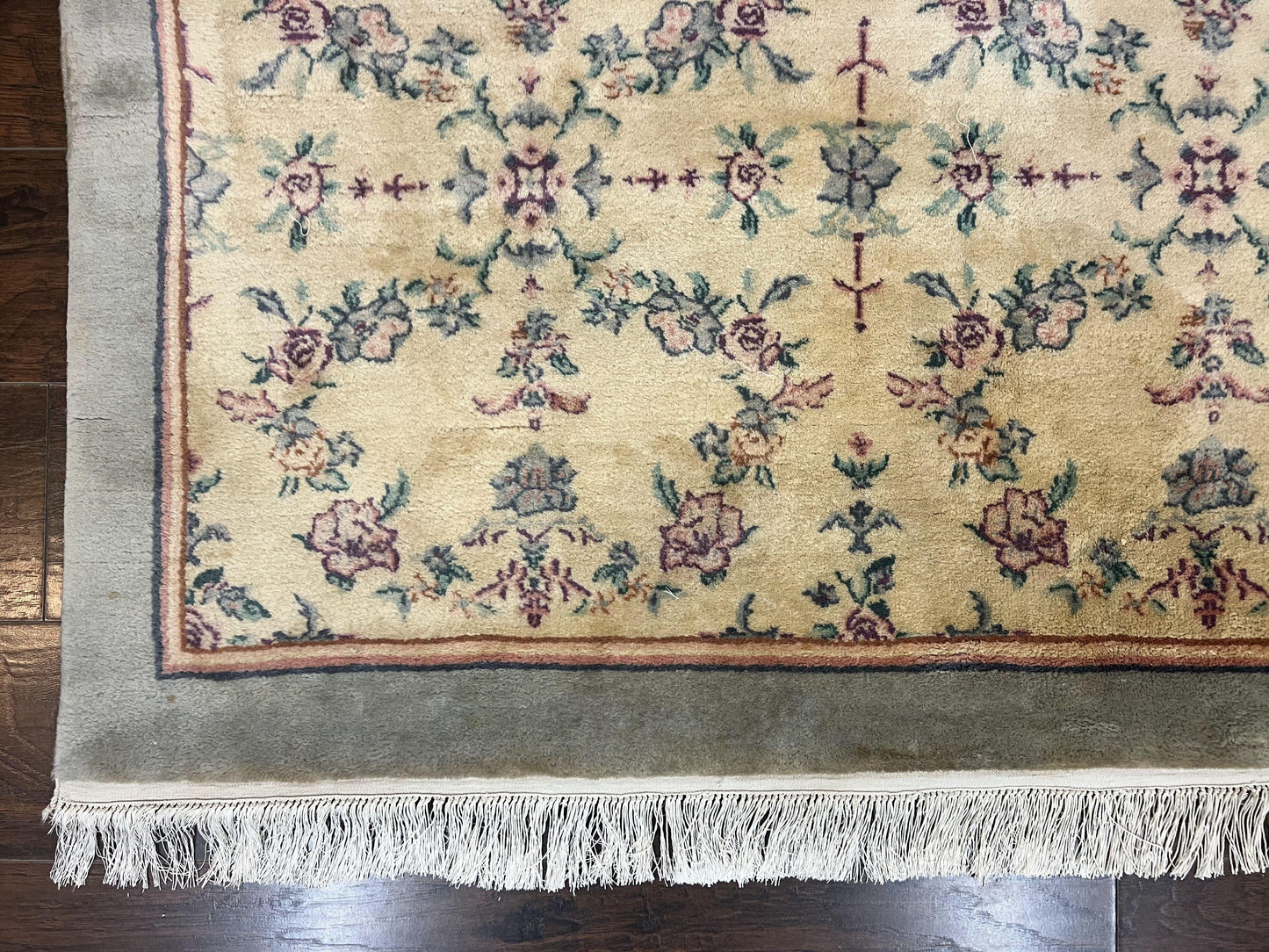 Sino Persian Rug 8x10, Floral, Oatmeal and Light Teal, Handmade Wool Vintage Carpet - Nuvé