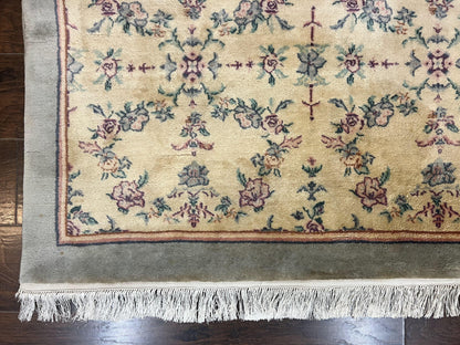 Sino Persian Rug 8x10, Floral, Oatmeal and Light Teal, Handmade Wool Vintage Carpet - Nuvé