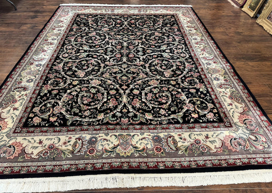 Black Pak Persian Rug 8x11, Floral Pattern, Hand Knotted Vintage Wool Rug with Silk Highlights, Fine 200 KPSI - Nuvé