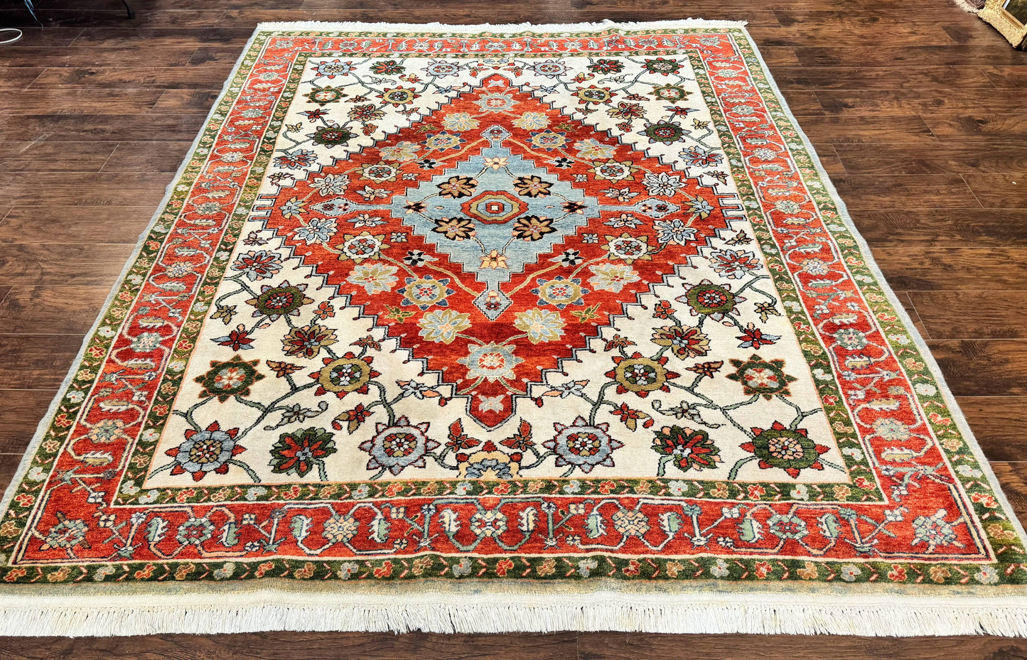 Indo Persian Heriz Rug 7x9, Geometric Pattern, Cream & Light Red, Handmade Vintage Wool Carpet - Nuvé