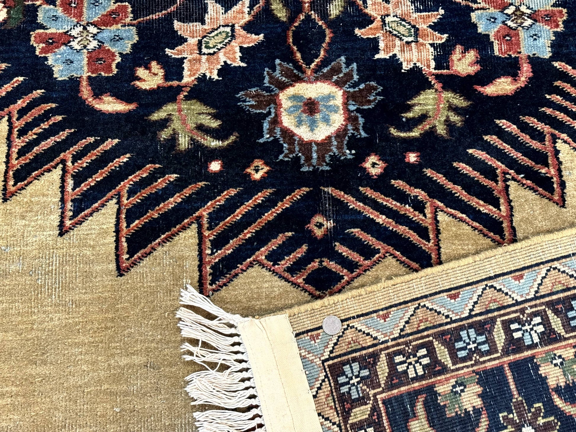 Indo Persian Heriz Rug 8x12, Camel Hair Tan and Navy Blue, Decorative - Nuvé