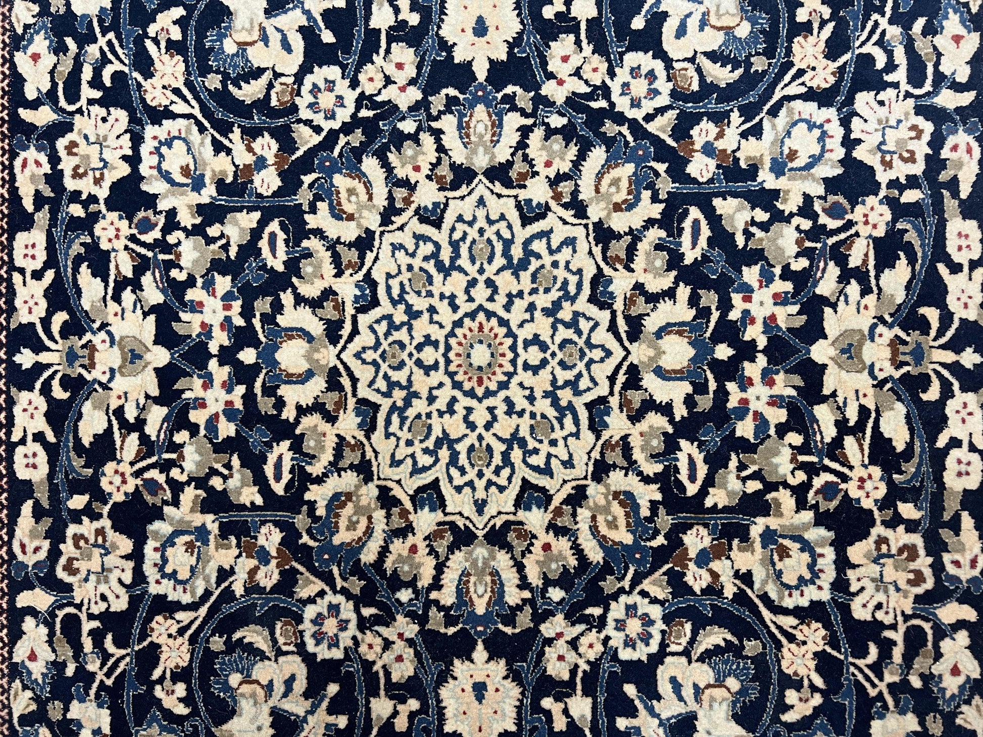 Very Fine Persian Nain Rug 3.7 x 6, Floral Medallion, Wool and Silk Accents, Highly Detailed, Hand Knotted Oriental Carpet, Navy Blue Ivory/Cream - Nuvé