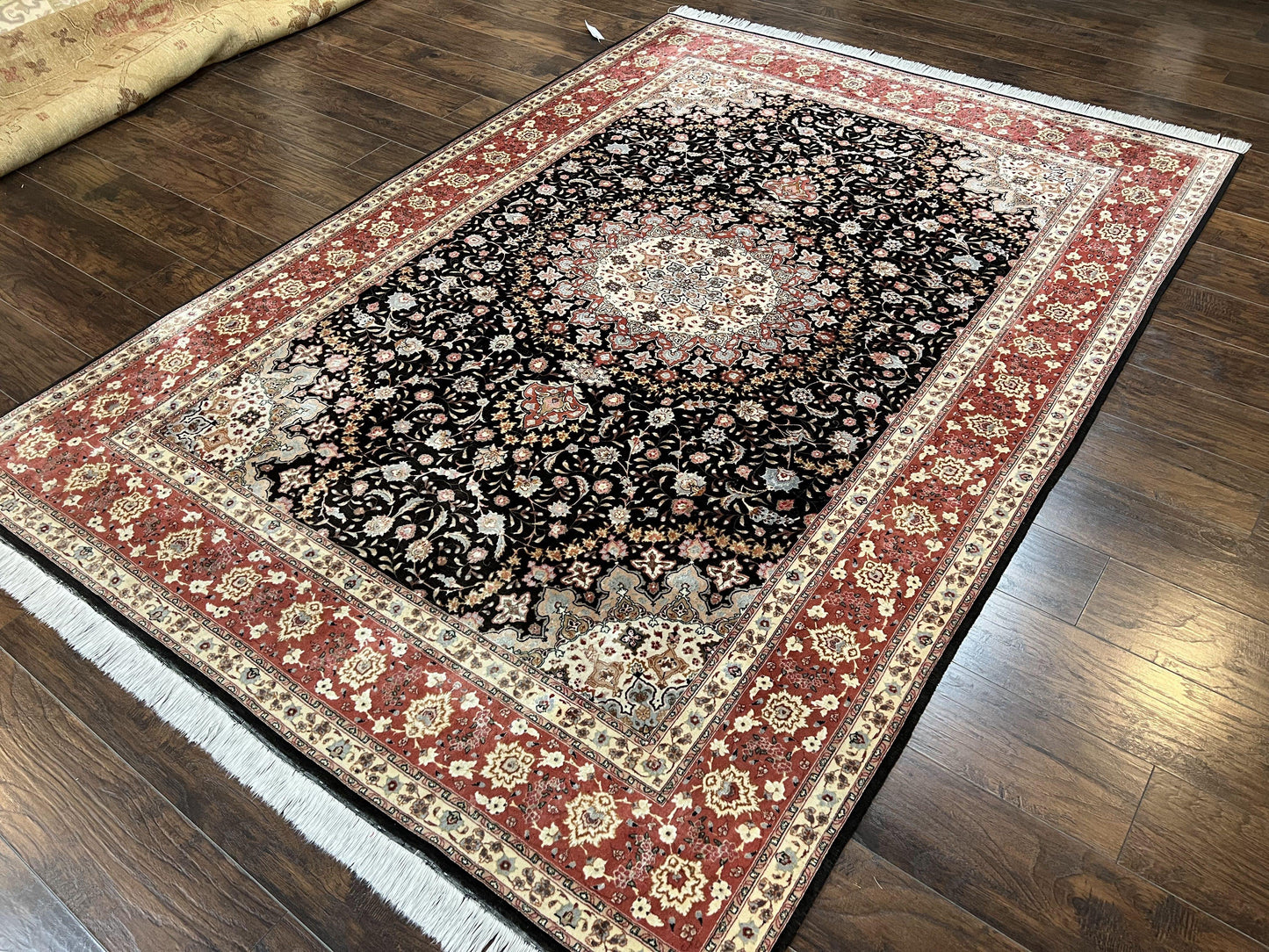 Marvelous Persian Tabriz Rug 7x10 ft, Super Fine 50 Raj, 300+ KPSI, Black and Rust Red, Floral Medallion Handmade Wool Oriental Carpet, Top Quality - Nuvé
