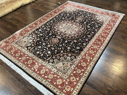 Marvelous Persian Tabriz Rug 7x10 ft, Super Fine 50 Raj, 300+ KPSI, Black and Rust Red, Floral Medallion Handmade Wool Oriental Carpet, Top Quality - Nuvé
