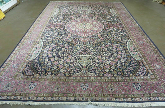 Turkish Sivas Rug 7x11, Navy Blue & Pink, Millifluer Floral Wool Carpet, Vintage - Nuvé