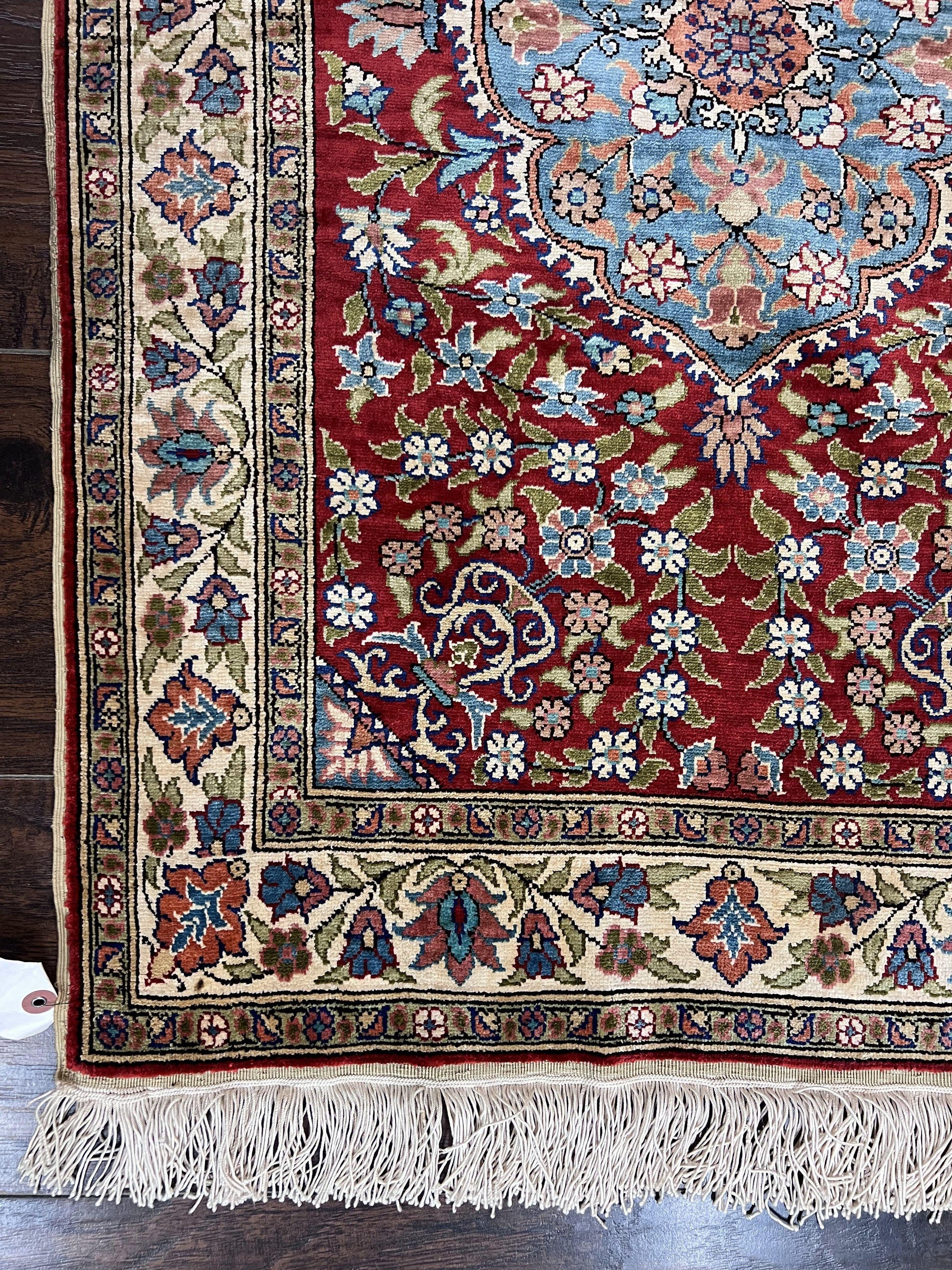 Silk Turkish Kayseri Rug 2x3, Small All Silk Turkish Carpet, Red and Light Blue, Very Fine Hand Knotted Semi Antique Vintage Handmade Rug - Nuvé