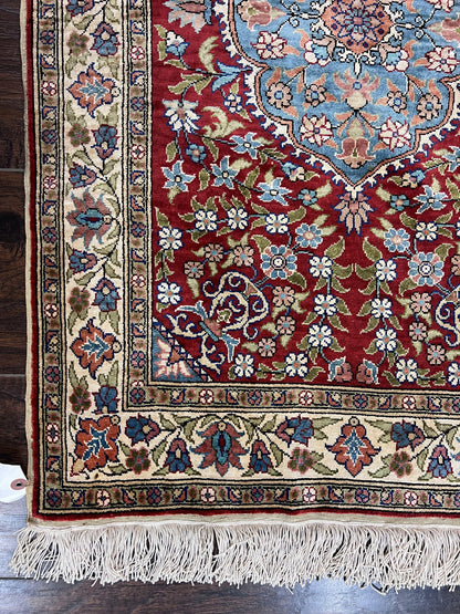 Silk Turkish Kayseri Rug 2x3, Small All Silk Turkish Carpet, Red and Light Blue, Very Fine Hand Knotted Semi Antique Vintage Handmade Rug - Nuvé