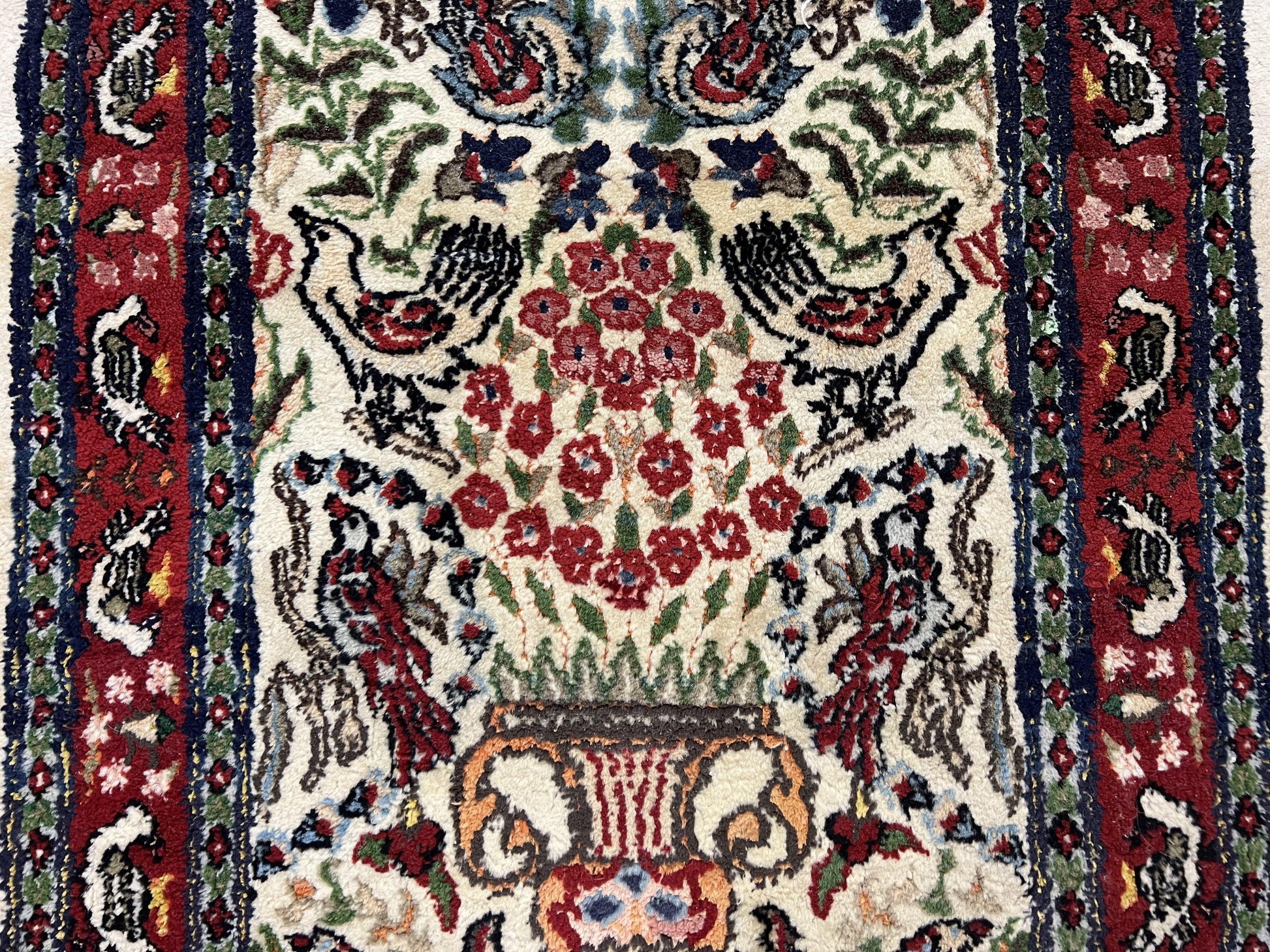 Small Indo Persian Rug 2x3 ft, Wool with Silk Highlights, Animal Pictorial Motifs Birds Vase Flowers, Cream and Maroon, Hand Knotted Fine - Nuvé