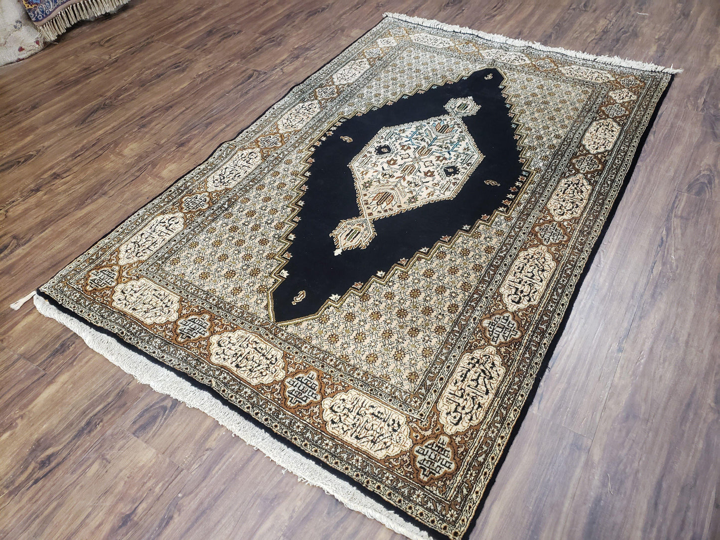 Persian Silk Qum Rug, Silk on Silk, Black Golden Brown and Beige, Hand-Knotted, 3'6" x 5' 5" - Nuvé